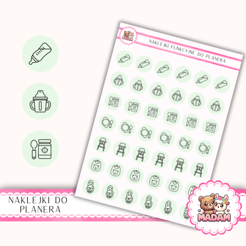 Naklejki Ikony Funkcyjne do Planera i Bullet Journal – Karmienie i Rozszerzanie Diety 13×18 – niemowlę Krem Migdałowy – MaDam Creative