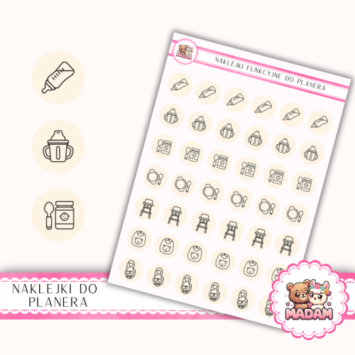 Naklejki Ikony Funkcyjne do Planera i Bullet Journal – Karmienie i Rozszerzanie Diety 13×18 – niemowlę Mleczny Krem– MaDam Creative