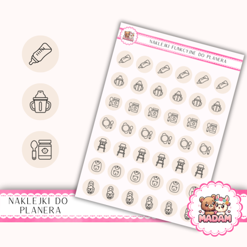 Naklejki Ikony Funkcyjne do Planera i Bullet Journal – Karmienie i Rozszerzanie Diety 13×18 – niemowlę Beż Owsiany – MaDam Creative