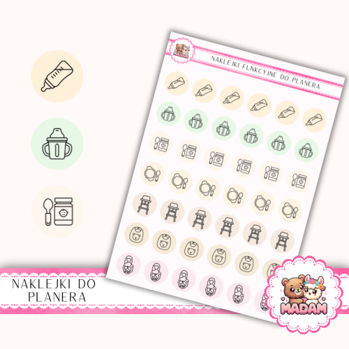 Naklejki Ikony Funkcyjne do Planera i Bullet Journal – Karmienie i Rozszerzanie Diety 13×18 – niemowlę MIX neutral – MaDam Creative