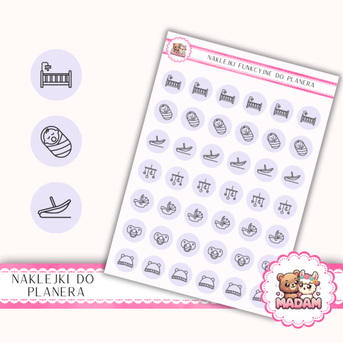 Naklejki Ikony Funkcyjne do Planera i Bullet Journal – Sen i Uspokajanie 13×18 – rytuały, drzemki Liliowa Mgiełka – MaDam Creative