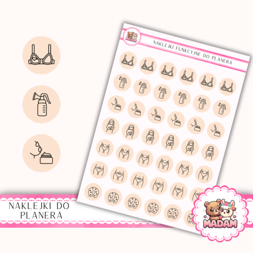 Naklejki Ikony Funkcyjne do Planera i Bullet Journal – Mama po Porodzie i Laktacja 13×18 – karmienie Krem Brzoskwiniowy – MaDam Creative