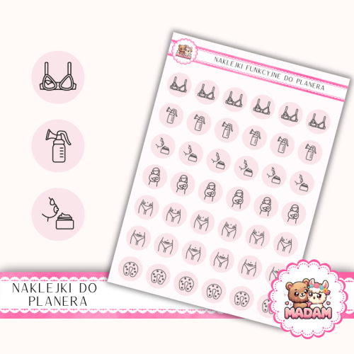 Naklejki Ikony Funkcyjne do Planera i Bullet Journal – Mama po Porodzie i Laktacja 13×18 – karmienie Róż Porcelanowy – MaDam Creative