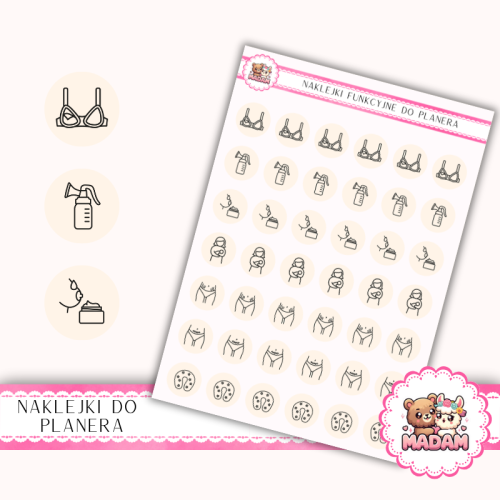 Naklejki Ikony Funkcyjne do Planera i Bullet Journal – Mama po Porodzie i Laktacja 13×18 – karmienie Śmietanka Waniliowa – MaDam Creative