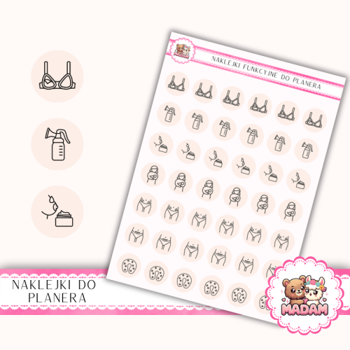 Naklejki Ikony Funkcyjne do Planera i Bullet Journal – Mama po Porodzie i Laktacja 13×18 – karmienie Delikatny Róż – MaDam Creative