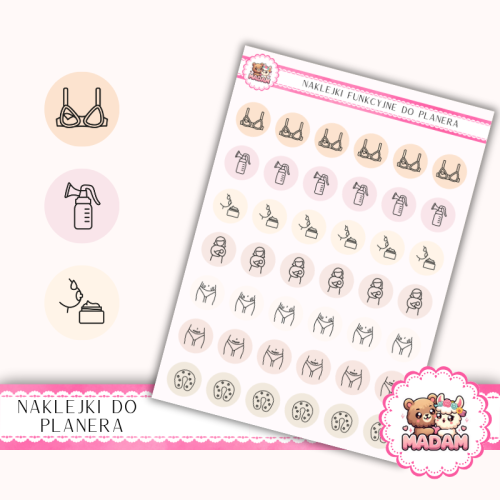Naklejki Ikony Funkcyjne do Planera i Bullet Journal – Mama po Porodzie i Laktacja 13×18 – karmienie MIX – MaDam Creative