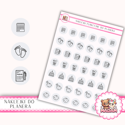 Naklejki Ikony Funkcyjne do Planera i Bullet Journal – Dokumenty i Kamienie Milowe 13×18 – baby milestones Popiel Jasny – MaDam Creative