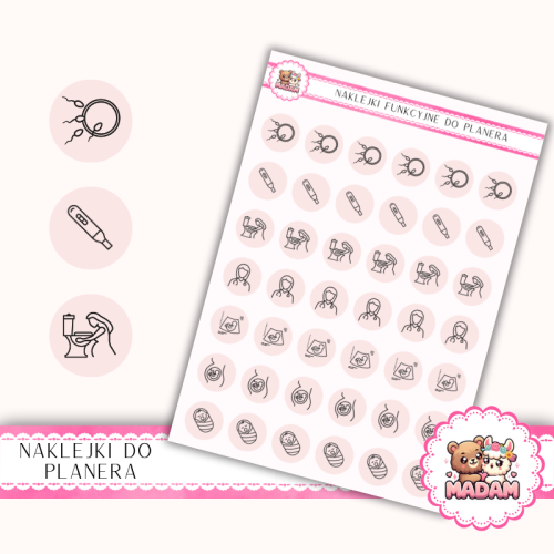 Naklejki Ikony Funkcyjne do Planera i Bullet Journal – Ciąża: Test, Lekarz i Pierwsze Wizyty 13×18 Róż Porcelanowy – MaDam Creative