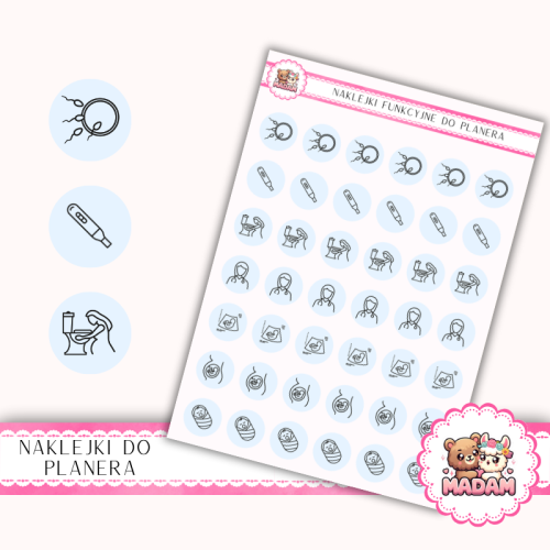 Naklejki Ikony Funkcyjne do Planera i Bullet Journal – Ciąża: Test, Lekarz i Pierwsze Wizyty 13×18 Błękit Nieba – MaDam Creative