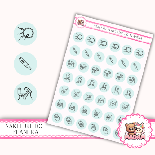 Naklejki Ikony Funkcyjne do Planera i Bullet Journal – Ciąża: Test, Lekarz i Pierwsze Wizyty 13×18 Mięta Szałwiowa – MaDam Creative
