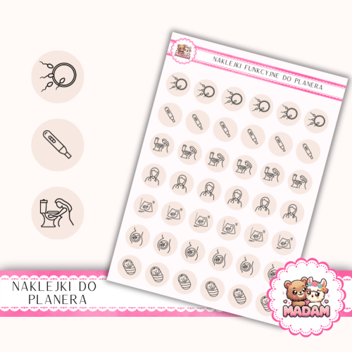 Naklejki Ikony Funkcyjne do Planera i Bullet Journal – Ciąża: Test, Lekarz i Pierwsze Wizyty 13×18 Różany Beż – MaDam Creative