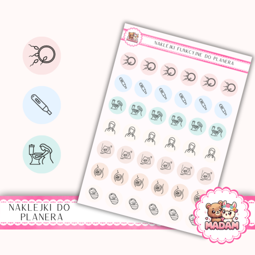 Naklejki Ikony Funkcyjne do Planera i Bullet Journal – Ciąża: Test, Lekarz i Pierwsze Wizyty 13×18 MIX – MaDam Creative