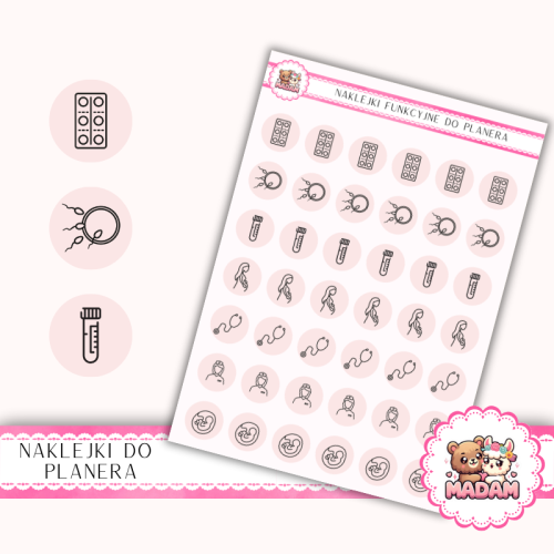 Naklejki Ikony Funkcyjne do Planera i Bullet Journal – Ciąża: Od Testu do USG 13×18 Róż Porcelanowy – MaDam Creative