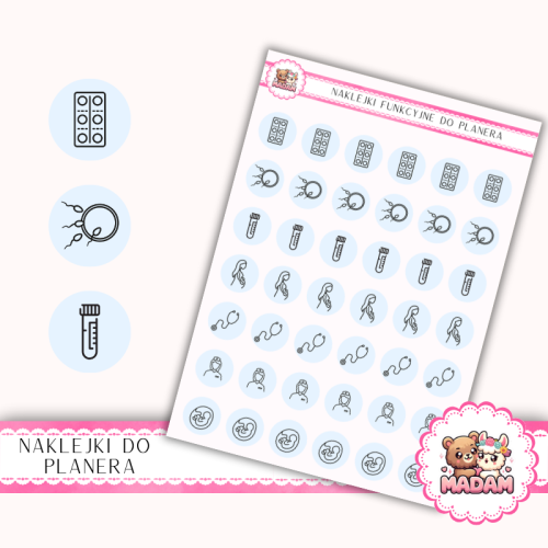 Naklejki Ikony Funkcyjne do Planera i Bullet Journal – Ciąża: Od Testu do USG 13×18 Błękit Nieba – MaDam Creative