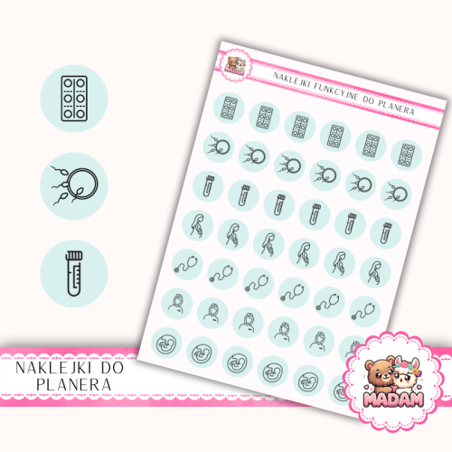 Naklejki Ikony Funkcyjne do Planera i Bullet Journal – Ciąża: Od Testu do USG 13×18 Mięta Szałwiowa – MaDam Creative