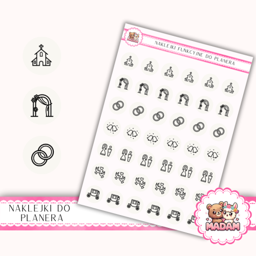 Naklejki Ikony Funkcyjne do Planera i Bullet Journal – Ceremonia Ślubna 13×18 – obrączki, kościół Kość Słoniowa Jasna – MaDam Creative