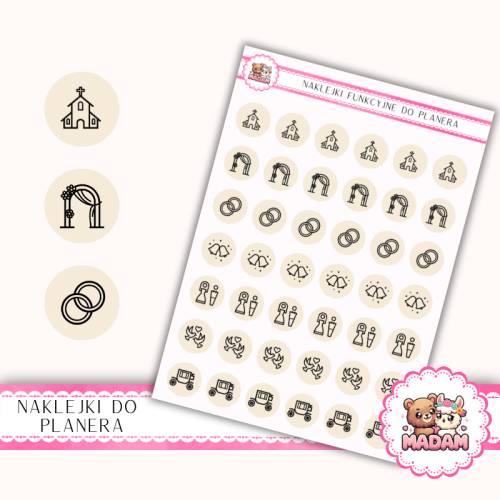 Naklejki Ikony Funkcyjne do Planera i Bullet Journal – Ceremonia Ślubna 13×18 – obrączki, kościół Beż Szampański – MaDam Creative