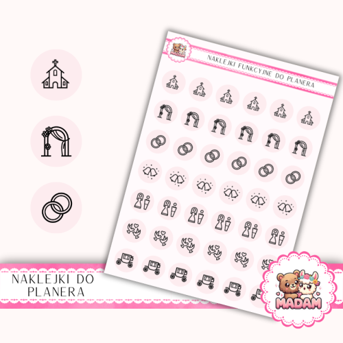 Naklejki Ikony Funkcyjne do Planera i Bullet Journal – Ceremonia Ślubna 13×18 – obrączki, kościół Róż Płatkowy – MaDam Creative