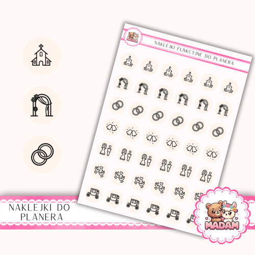 Naklejki  Ikony Funkcyjne do Planera i Bullet Journal – Ceremonia Ślubna 13×18 – obrączki, kościół Płatek Różany – MaDam Creative
