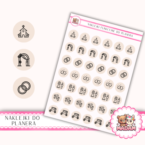Naklejki Ikony Funkcyjne do Planera i Bullet Journal – Ceremonia Ślubna 13x18 – obrączki, kościół Pudrowy – MaDam Creative