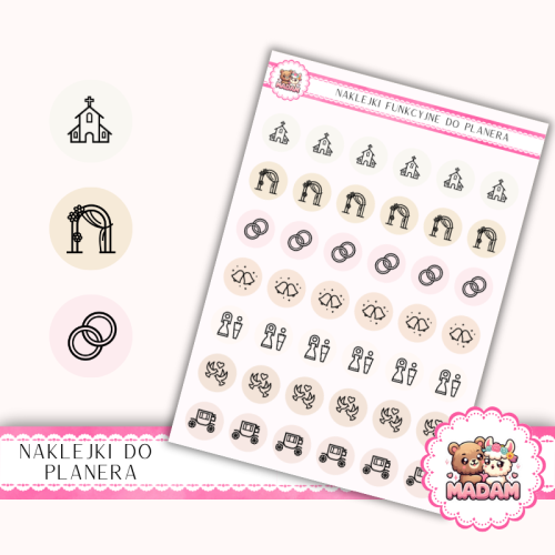 Naklejki Ikony Funkcyjne do Planera i Bullet Journal – Ceremonia Ślubna 13×18 – obrączki, kościół MIX – MaDam Creative
