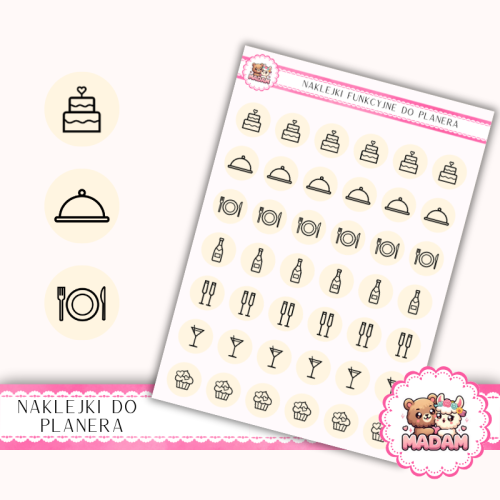 Naklejki Ikony Funkcyjne do Planera i Bullet Journal – Przyjęcie i Catering 13×18 – tort, menu, toast Krem Cytrynowy – MaDam Creative
