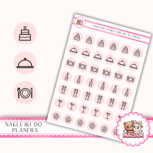 Naklejki Ikony Funkcyjne do Planera i Bullet Journal – Przyjęcie i Catering 13×18 – tort, menu, toast Róż Ślubny Pastelowy – MaDam Creative
