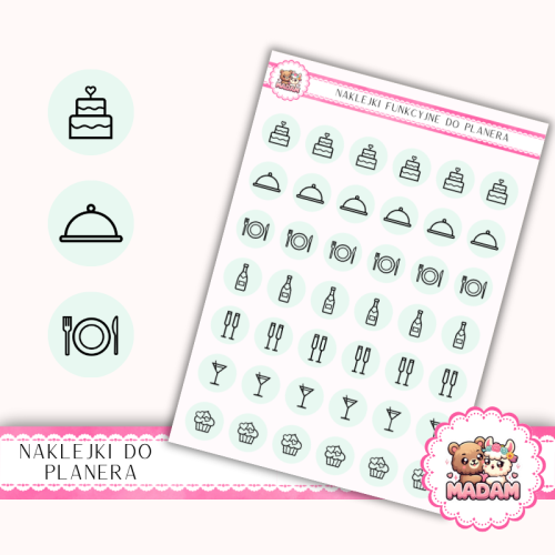 Naklejki Ikony Funkcyjne do Planera i Bullet Journal – Przyjęcie i Catering 13×18 – tort, menu, toast Miętowa Poświata – MaDam Creative