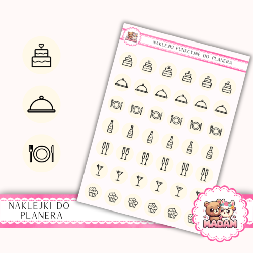 Naklejki Ikony Funkcyjne do Planera i Bullet Journal – Przyjęcie i Catering 13×18 – tort, menu, toast Jasny Krem Cytrynowy – MaDam Creative