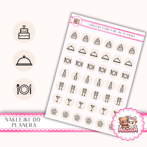 Naklejki Ikony Funkcyjne do Planera i Bullet Journal – Przyjęcie i Catering 13×18 – tort, menu, toast Beż Delikatny – MaDam Creative