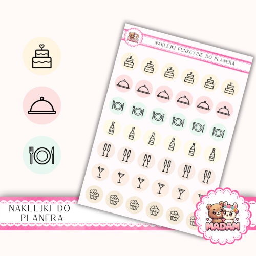 Naklejki Ikony Funkcyjne do Planera i Bullet Journal – Przyjęcie i Catering 13×18 – tort, menu, toast MIX – MaDam Creative
