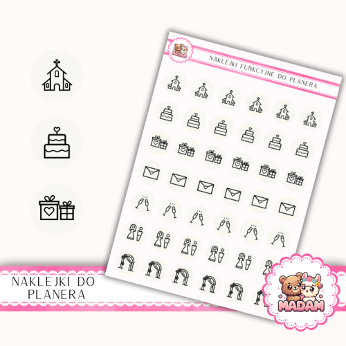 Naklejki Ikony Funkcyjne do Planera i Bullet Journal – Organizacja Ślubu i Wesele 13×18 Kość Słoniowa Jasna – MaDam Creative