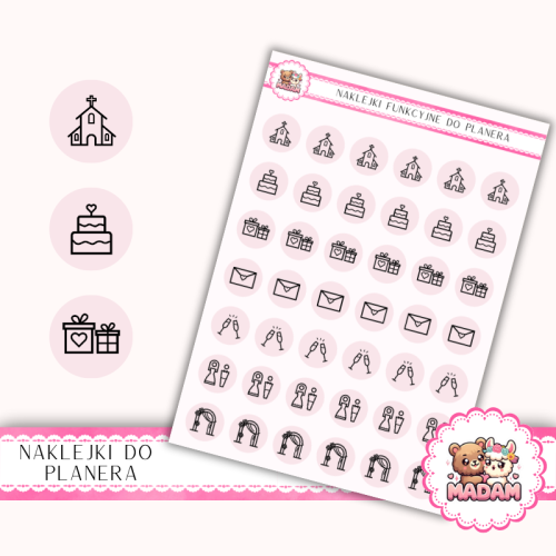 Naklejki Ikony Funkcyjne do Planera i Bullet Journal – Organizacja Ślubu i Wesele 13×18 Róż Porcelanowy – MaDam Creative