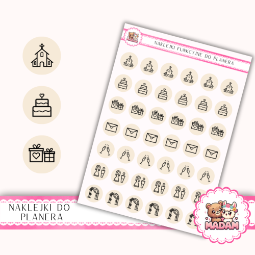 Naklejki Ikony Funkcyjne do Planera i Bullet Journal – Organizacja Ślubu i Wesele 13×18 Beż Szampański – MaDam Creative