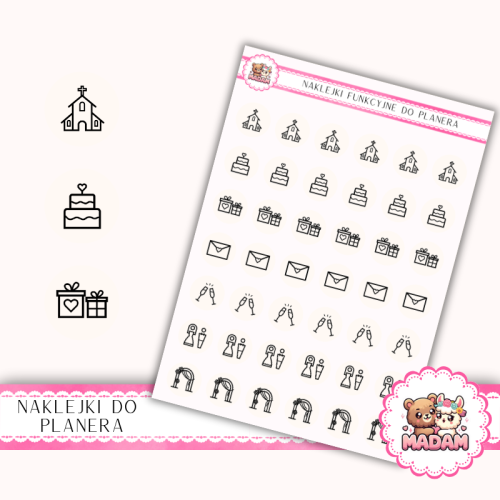 Naklejki Ikony Funkcyjne do Planera i Bullet Journal – Organizacja Ślubu i Wesele 13×18 Perła (Ivory) – MaDam Creative