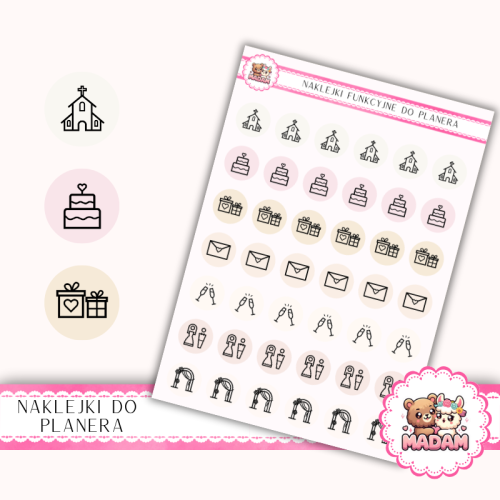 Naklejki Ikony  Funkcyjne do Planera i Bullet Journal – Organizacja Ślubu i Wesele 13×18 MIX neutral – MaDam Creative