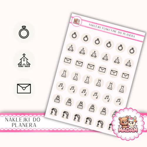 Naklejki Ikony Funkcyjne do Planera i Bullet Journal – Planowanie Ślubu Krok po Kroku 13×18 Kość Słoniowa Jasna – MaDam Creative