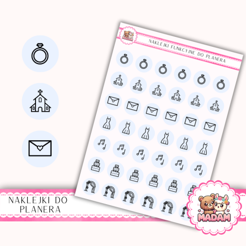 Naklejki Ikony Funkcyjne do Planera i Bullet Journal – Planowanie Ślubu Krok po Kroku 13×18 Błękit Kryształowy– MaDam Creative