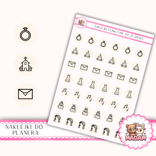 Naklejki Ikony Funkcyjne do Planera i Bullet Journal – Planowanie Ślubu Krok po Kroku 13×18 Klasyczny Ivory – MaDam Creative