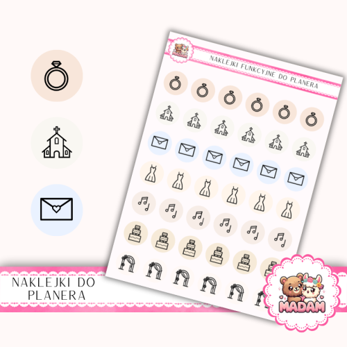 Naklejki Ikony Funkcyjne do Planera i Bullet Journal – Planowanie Ślubu Krok po Kroku 13×18 MIX – MaDam Creative