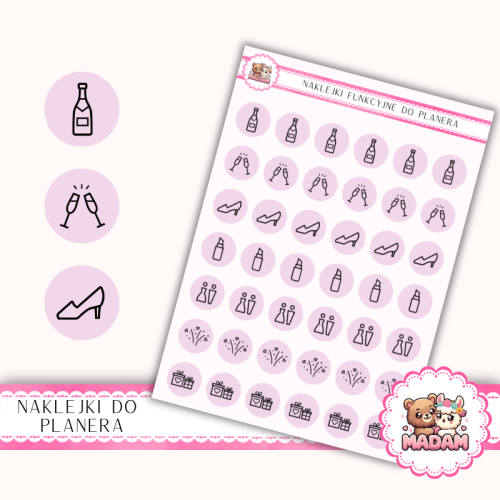 Naklejki Ikony Funkcyjne do Planera i Bullet Journal – Wieczór Panieński i Świadkowa 13×18 Róż Lawendowy – MaDam Creative