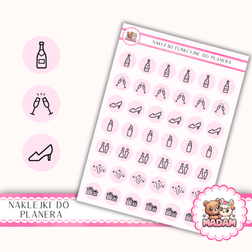 Naklejki Ikony Funkcyjne do Planera i Bullet Journal – Wieczór Panieński i Świadkowa 13×18 Róż Szampański – MaDam Creative