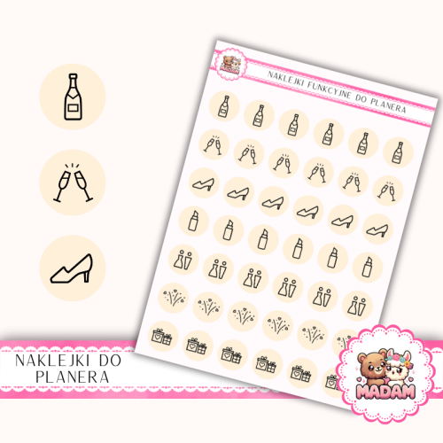 Naklejki Ikony Funkcyjne do Planera i Bullet Journal – Wieczór Panieński i Świadkowa 13×18 Krem Budyniowy – MaDam Creative