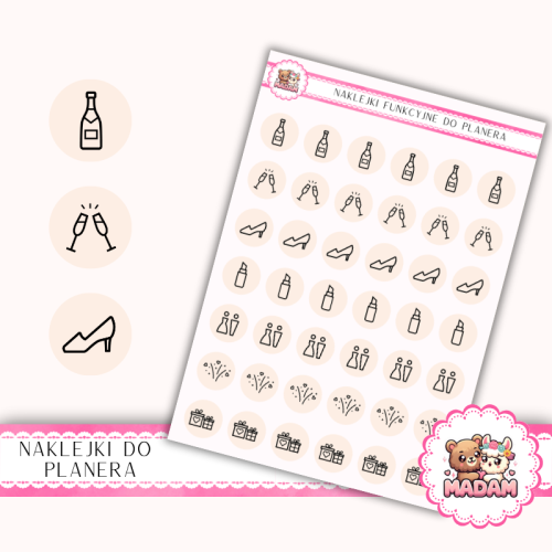 Naklejki Ikony Funkcyjne do Planera i Bullet Journal – Wieczór Panieński i Świadkowa 13×18 Brzoskwiniowe Prosecco – MaDam Creative