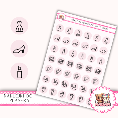 Naklejki Ikony Funkcyjne do Planera i Bullet Journal – Beauty Panny Młodej 13×18 – makijaż, fryzura Róż Porcelanowy – MaDam Creative