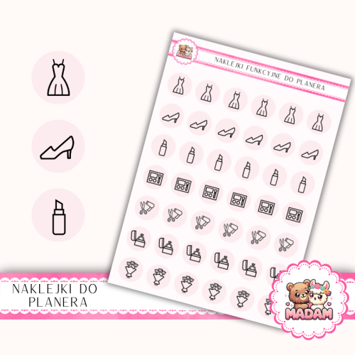 Naklejki Ikony Funkcyjne do Planera i Bullet Journal – Beauty Panny Młodej 13×18 – makijaż, fryzura Róż Płatkowy – MaDam Creative