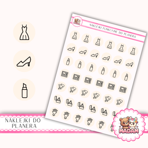 Naklejki Ikony Funkcyjne do Planera i Bullet Journal – Beauty Panny Młodej 13×18 – makijaż, fryzura Śmietanka Waniliowa – MaDam Creative