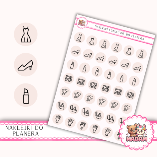 Naklejki Ikony Funkcyjne do Planera i Bullet Journal – Beauty Panny Młodej 13×18 – makijaż, fryzura Róż Nude – MaDam Creative