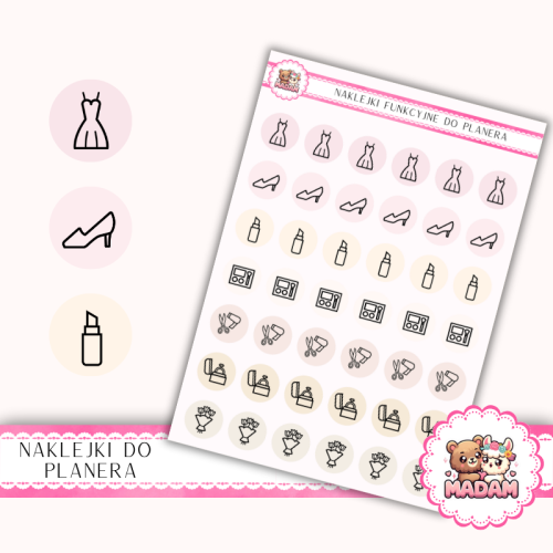 Naklejki Ikony Funkcyjne do Planera i Bullet Journal – Beauty Panny Młodej 13×18 – makijaż, fryzura MIX – MaDam Creative