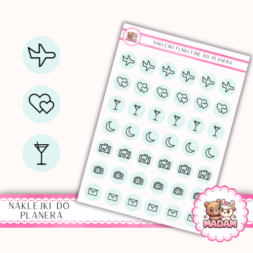 Naklejki Ikony Funkcyjne do Planera i Bullet Journal – Miesiąc Miodowy 13×18 – podróż poślubna Akwamaryna Pastelowa – MaDam Creative